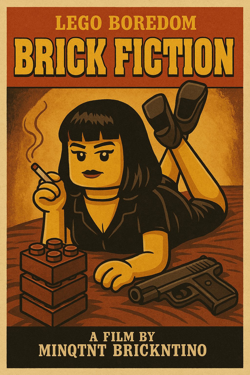 LEGO-Parodie auf „Pulp Fiction“: Minifigur raucht, LEGO-Steine und Pistole im Vordergrund, Retro-Filmplakat.