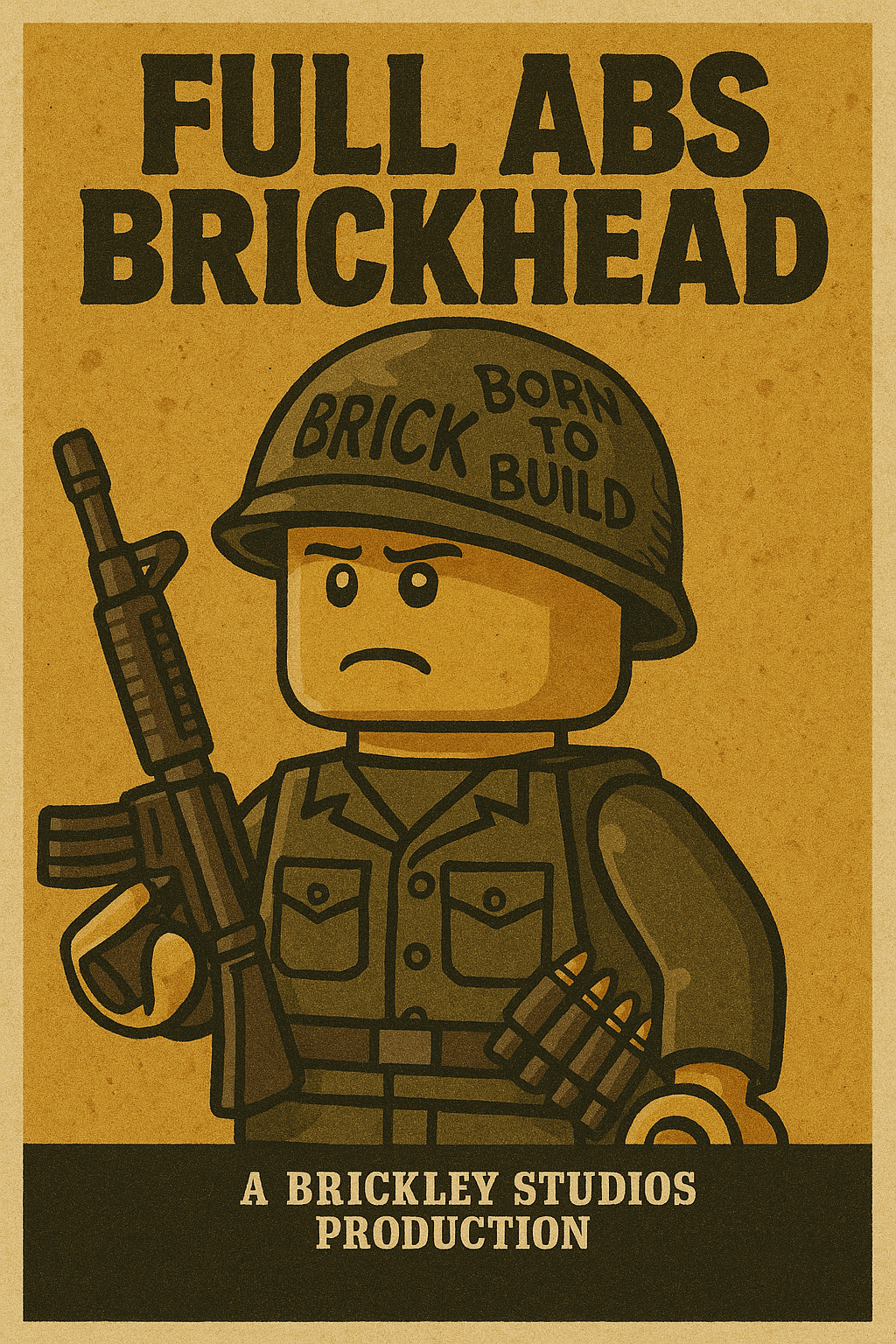LEGO-Soldat mit Helm und Gewehr: Parodie auf „Full Metal Jacket“ im ikonischen Brick-Stil.