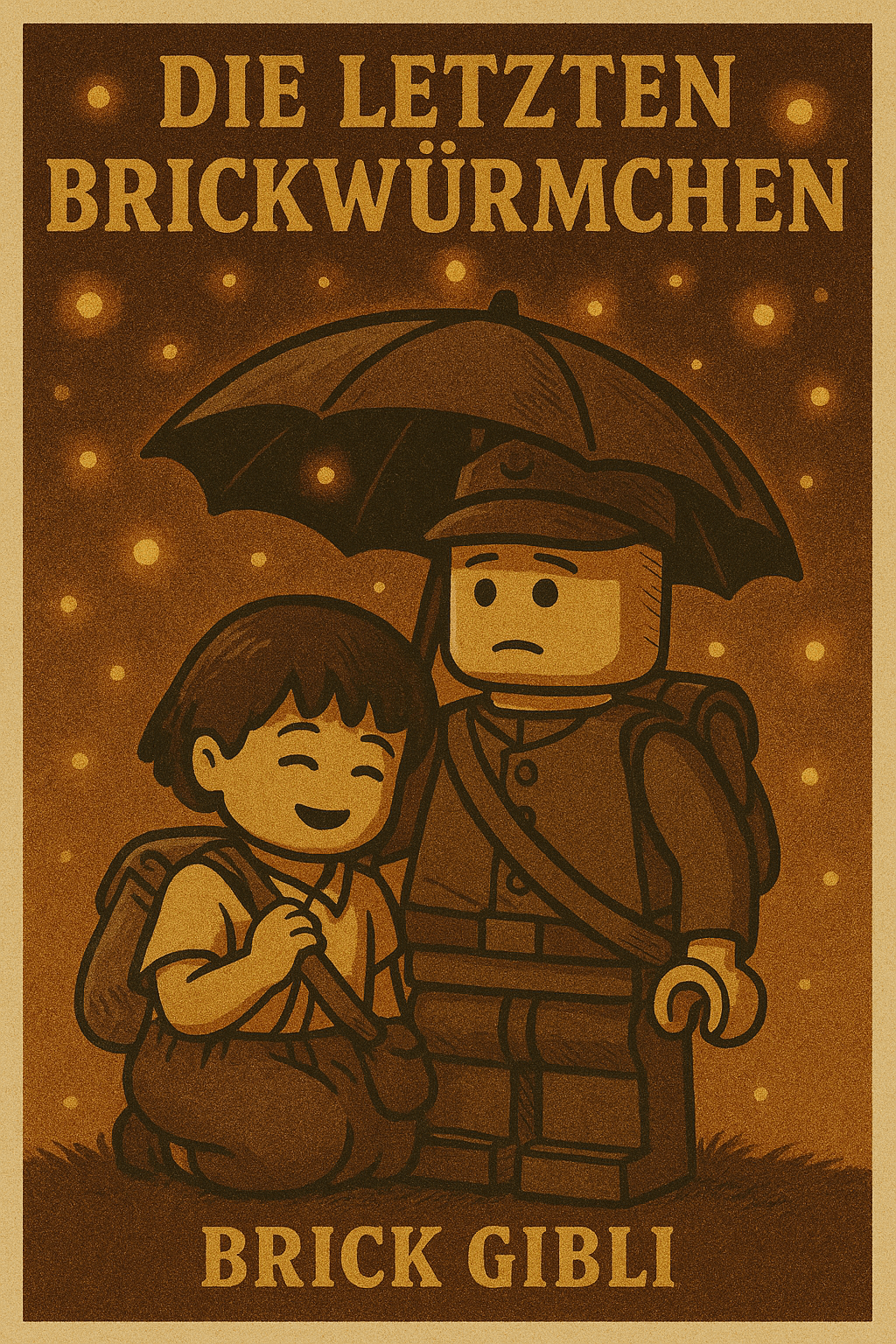LEGO-Parodie von „Die letzten Glühwürmchen“: Zwei Figuren unter einem Regenschirm, umgeben von leuchtenden Glühwürmchen.